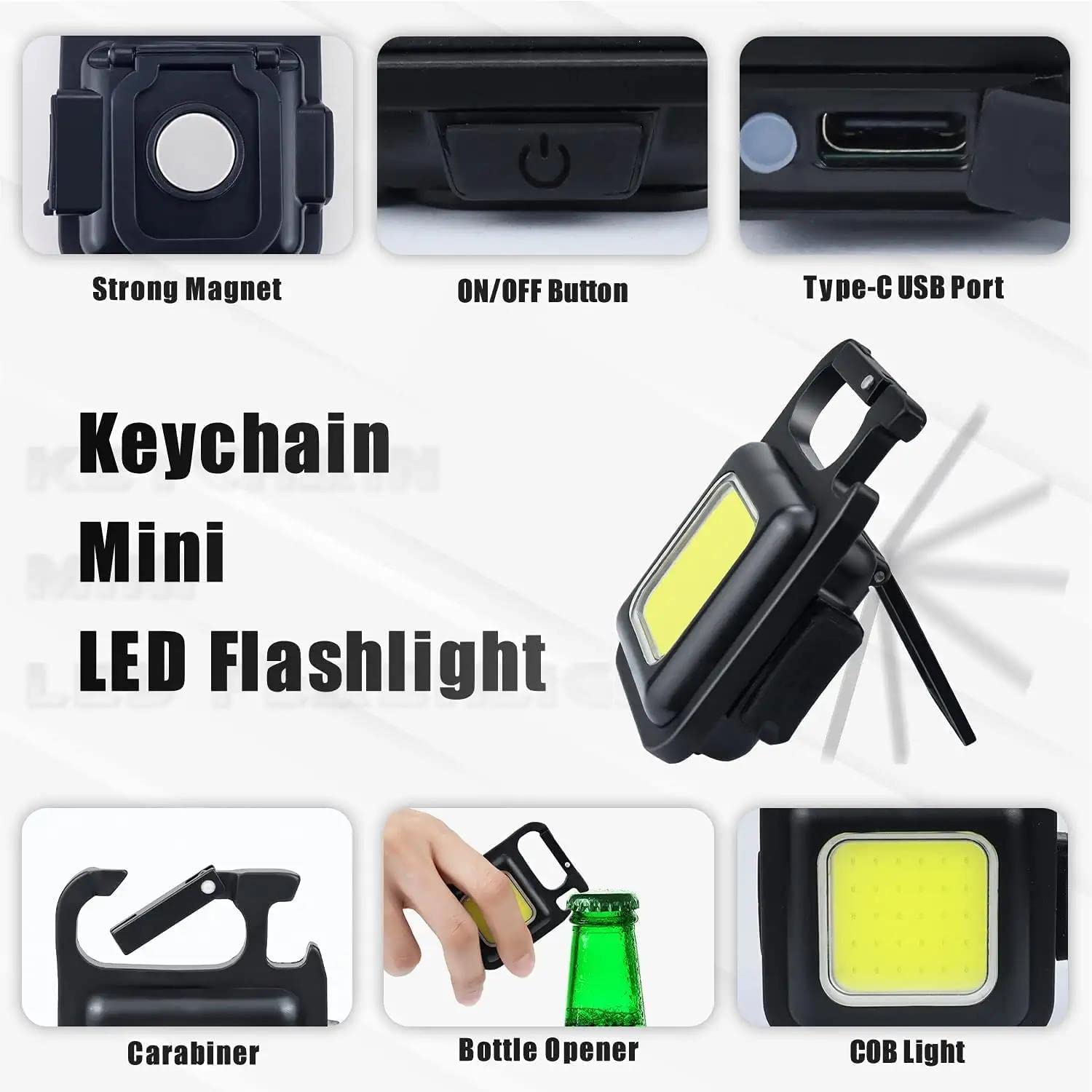 Multifunction Keychain Led Light with Bottle Opener, Magnetic Base and Folding Bracket Mini Cob 500 lumens Rechargeable Multifunctional Keychain Emergency Light